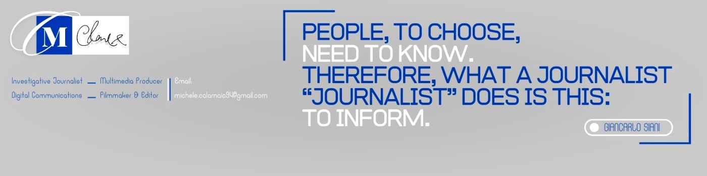 Michele Calamaio’s personal banner, with a quotation attributed to Giancarlo Siani about journalism’s role in informing people.